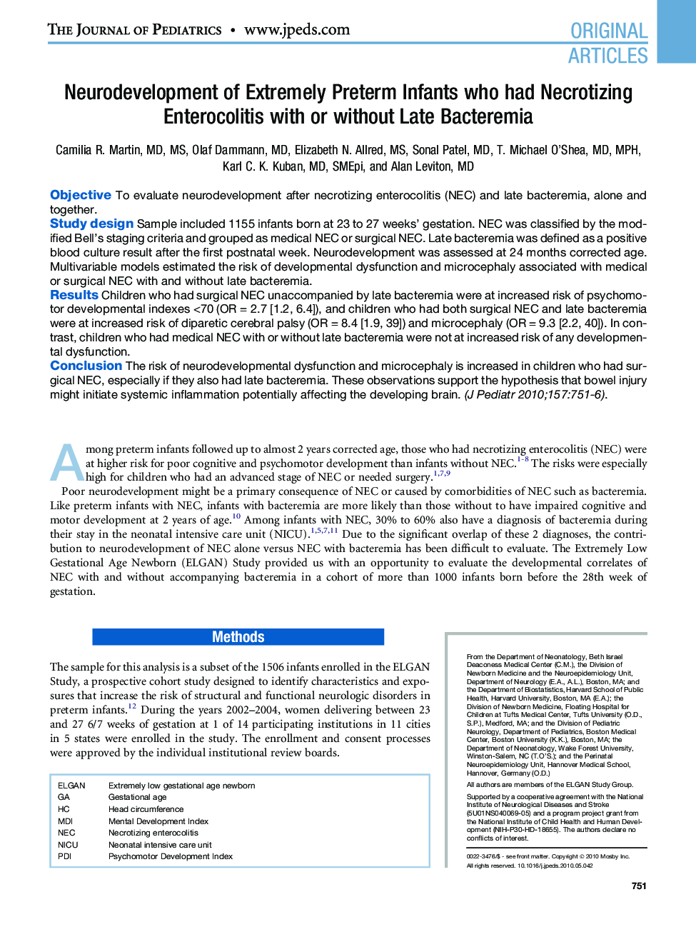 Neurodevelopment of Extremely Preterm Infants who had Necrotizing Enterocolitis with or without Late Bacteremia