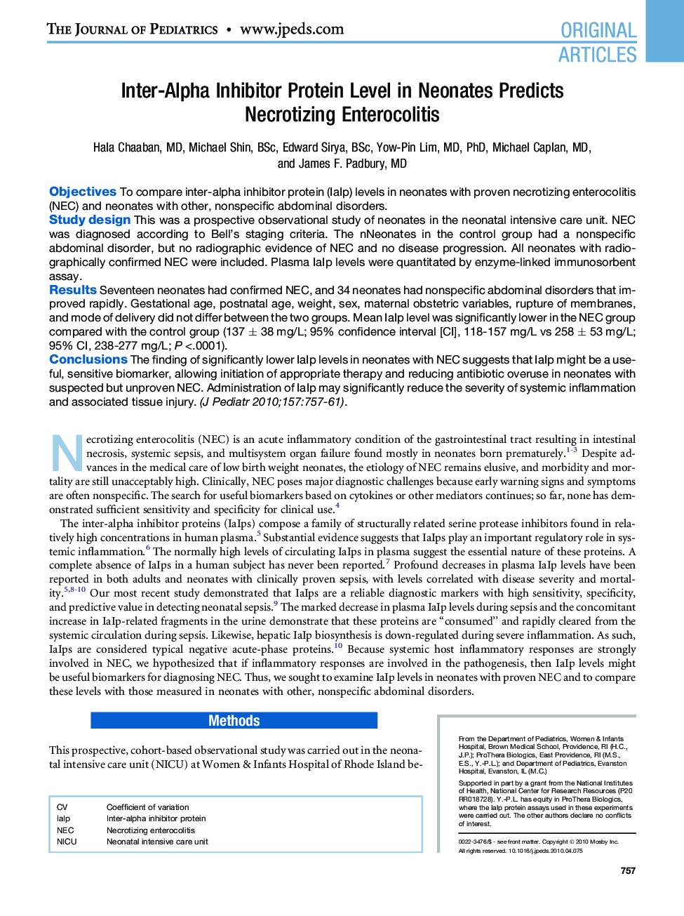 Inter-Alpha Inhibitor Protein Level in Neonates Predicts Necrotizing Enterocolitis 