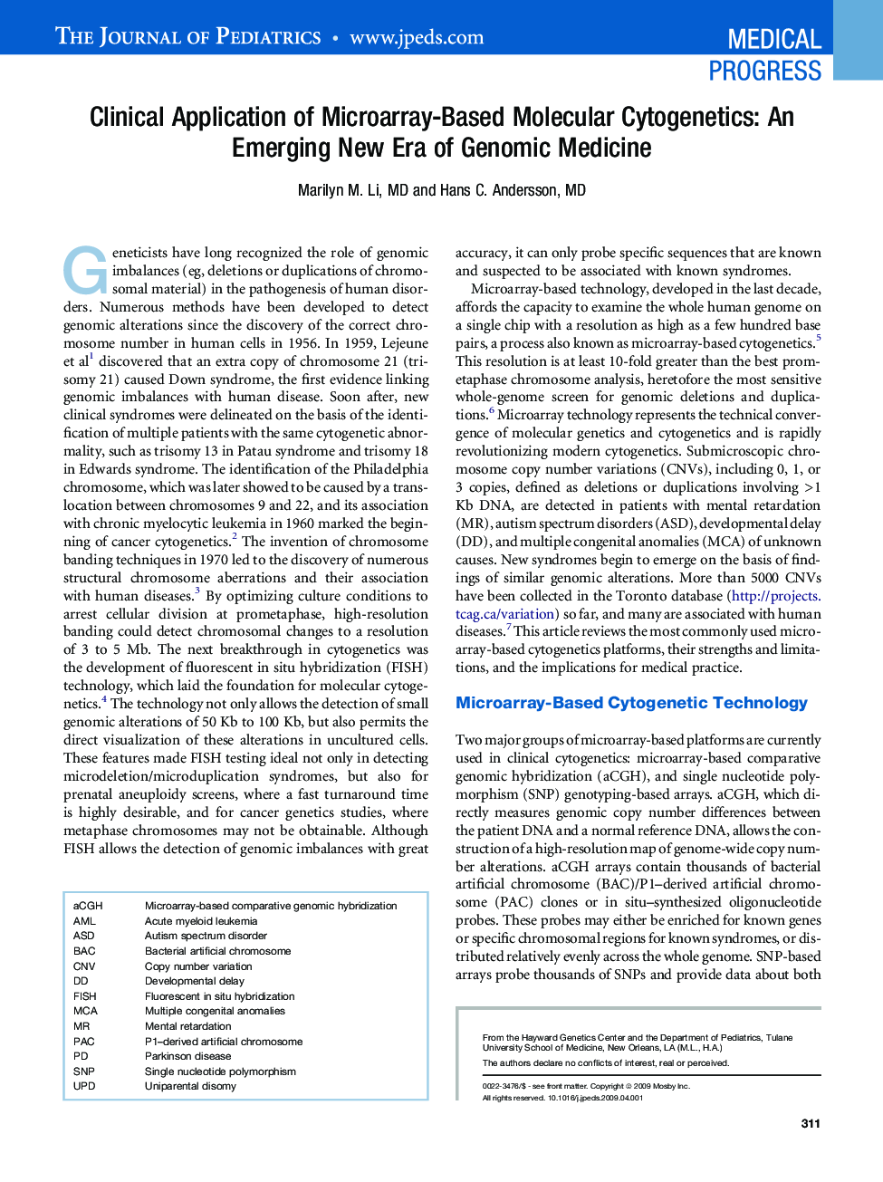 Clinical Application of Microarray-Based Molecular Cytogenetics: An Emerging New Era of Genomic Medicine