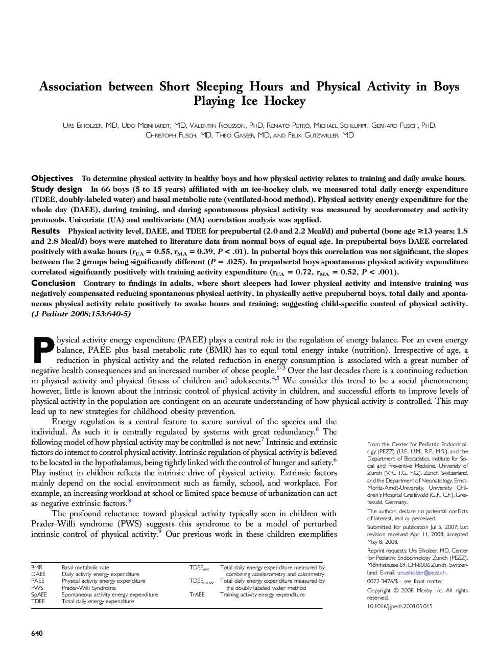 Association between Short Sleeping Hours and Physical Activity in Boys Playing Ice Hockey