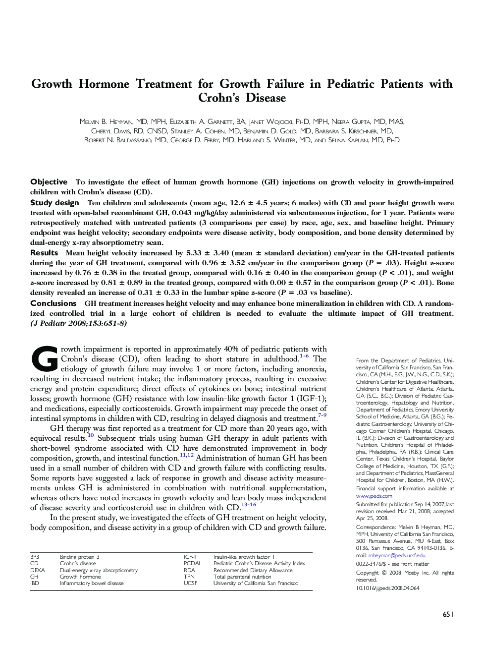 Growth Hormone Treatment for Growth Failure in Pediatric Patients with Crohn's Disease