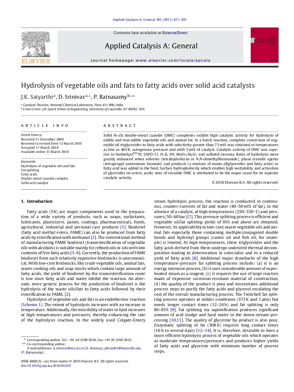 Hydrolysis of vegetable oils and fats to fatty acids over solid acid catalysts