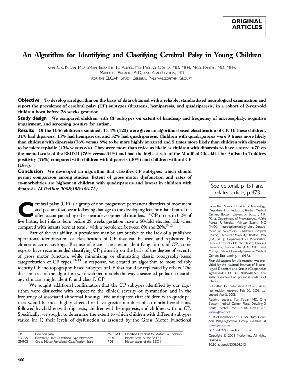 An Algorithm for Identifying and Classifying Cerebral Palsy in Young Children