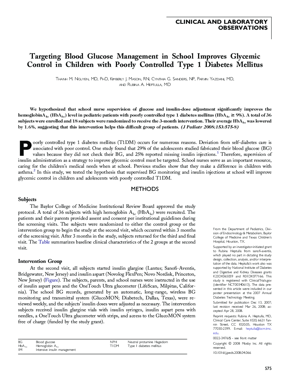 Targeting Blood Glucose Management in School Improves Glycemic Control in Children with Poorly Controlled Type 1 Diabetes Mellitus 