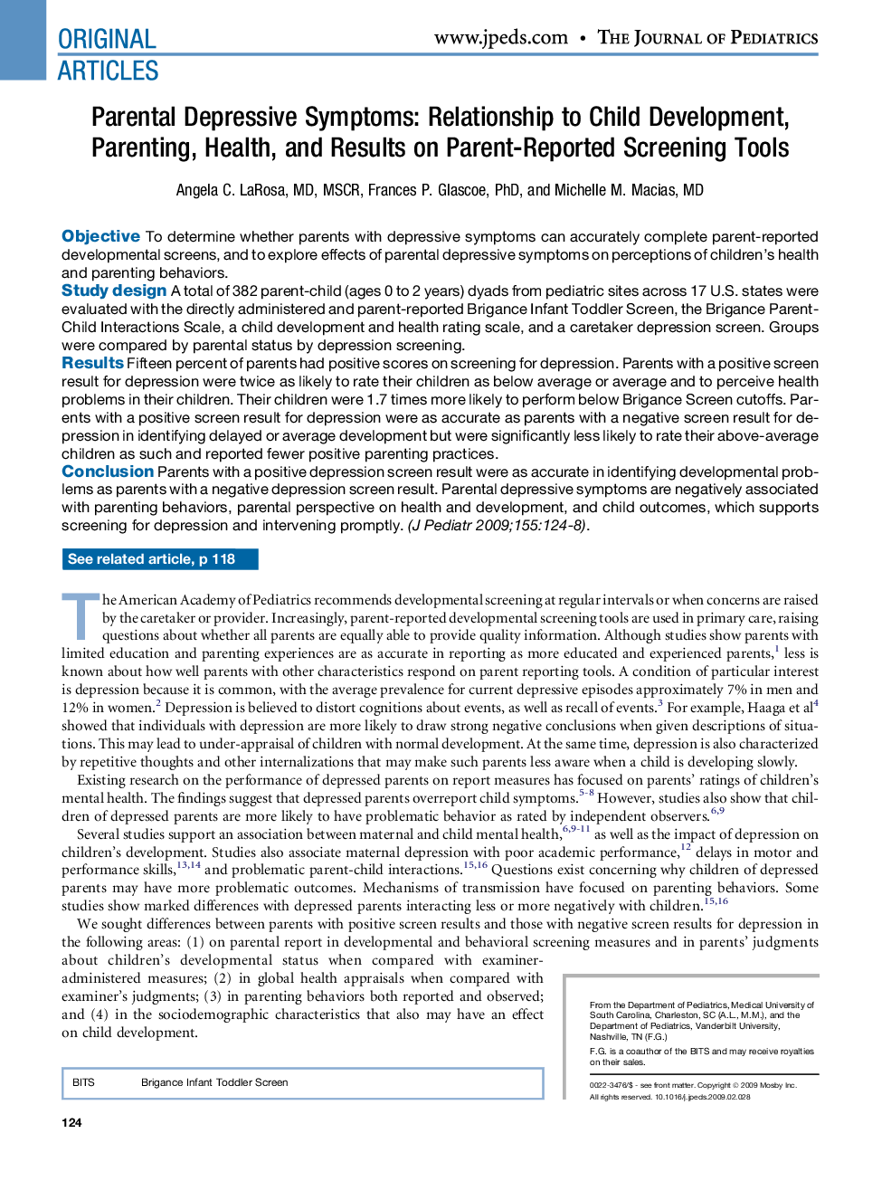 Parental Depressive Symptoms: Relationship to Child Development, Parenting, Health, and Results on Parent-Reported Screening Tools 