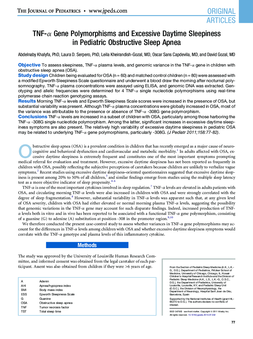 TNF-α Gene Polymorphisms and Excessive Daytime Sleepiness in Pediatric Obstructive Sleep Apnea 