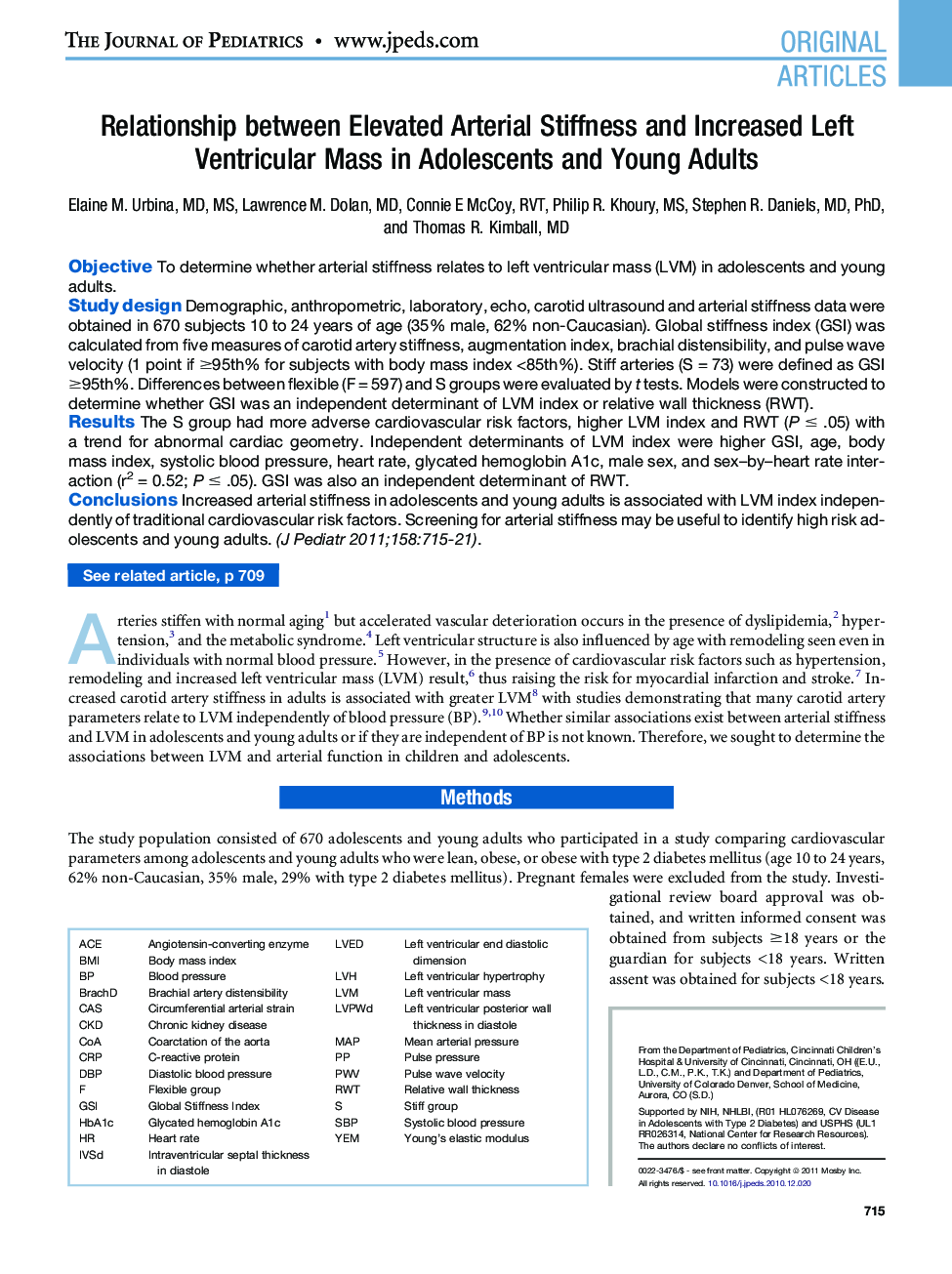 Relationship between Elevated Arterial Stiffness and Increased Left Ventricular Mass in Adolescents and Young Adults 