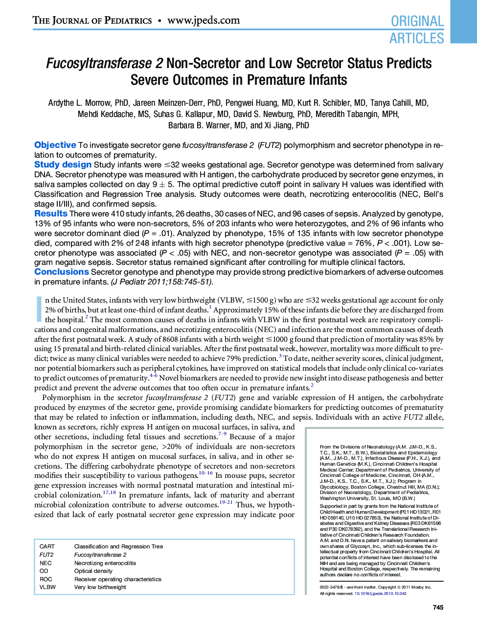 Fucosyltransferase 2 Non-Secretor and Low Secretor Status Predicts Severe Outcomes in Premature Infants 