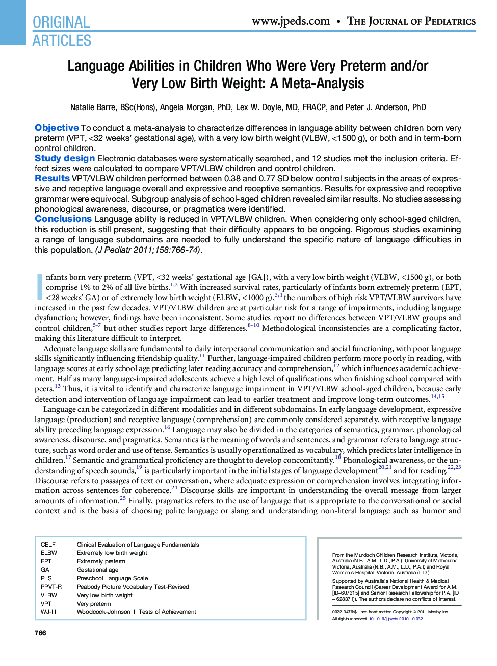 Language Abilities in Children Who Were Very Preterm and/or Very Low Birth Weight: A Meta-Analysis