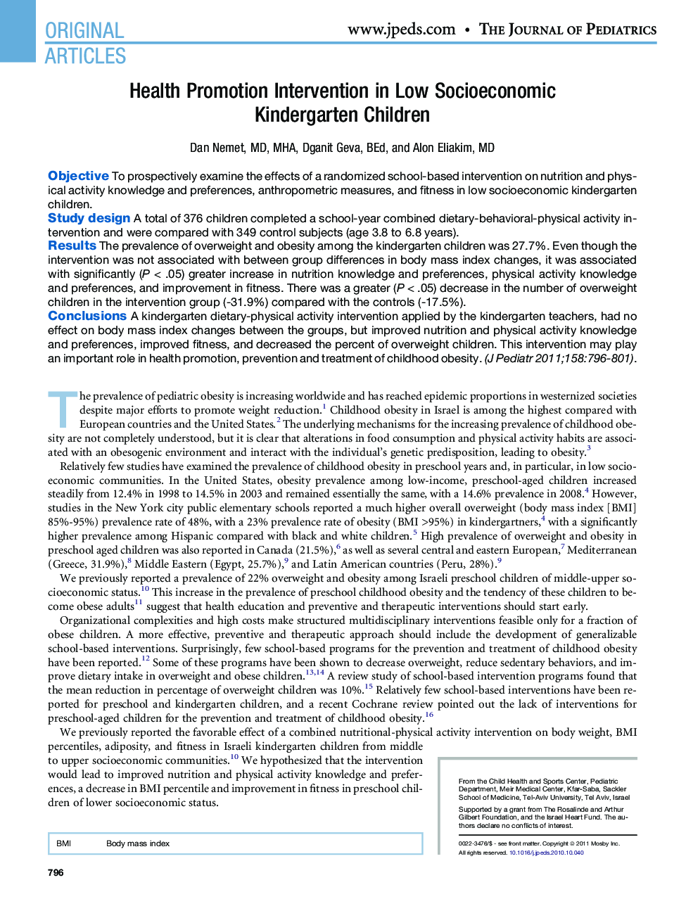 Health Promotion Intervention in Low Socioeconomic Kindergarten Children