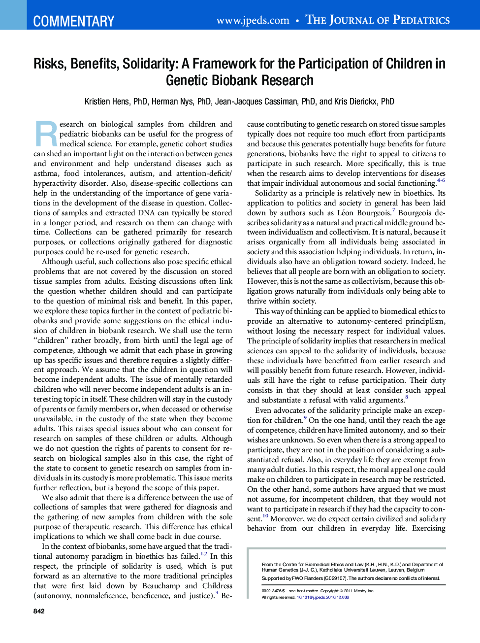 Risks, Benefits, Solidarity: A Framework for the Participation of Children in Genetic Biobank Research