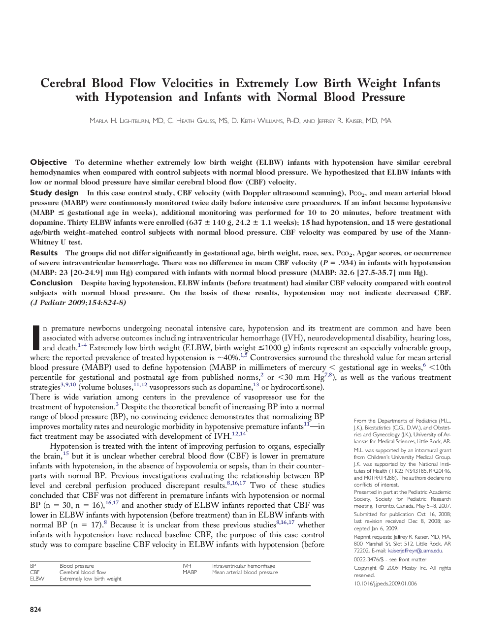 Cerebral Blood Flow Velocities in Extremely Low Birth Weight Infants with Hypotension and Infants with Normal Blood Pressure 