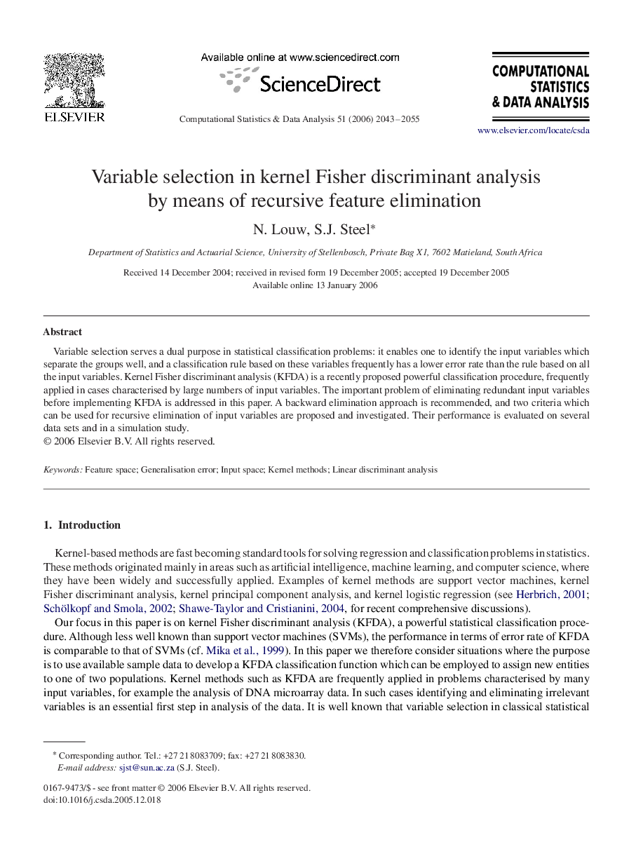 Variable selection in kernel Fisher discriminant analysis by means of recursive feature elimination