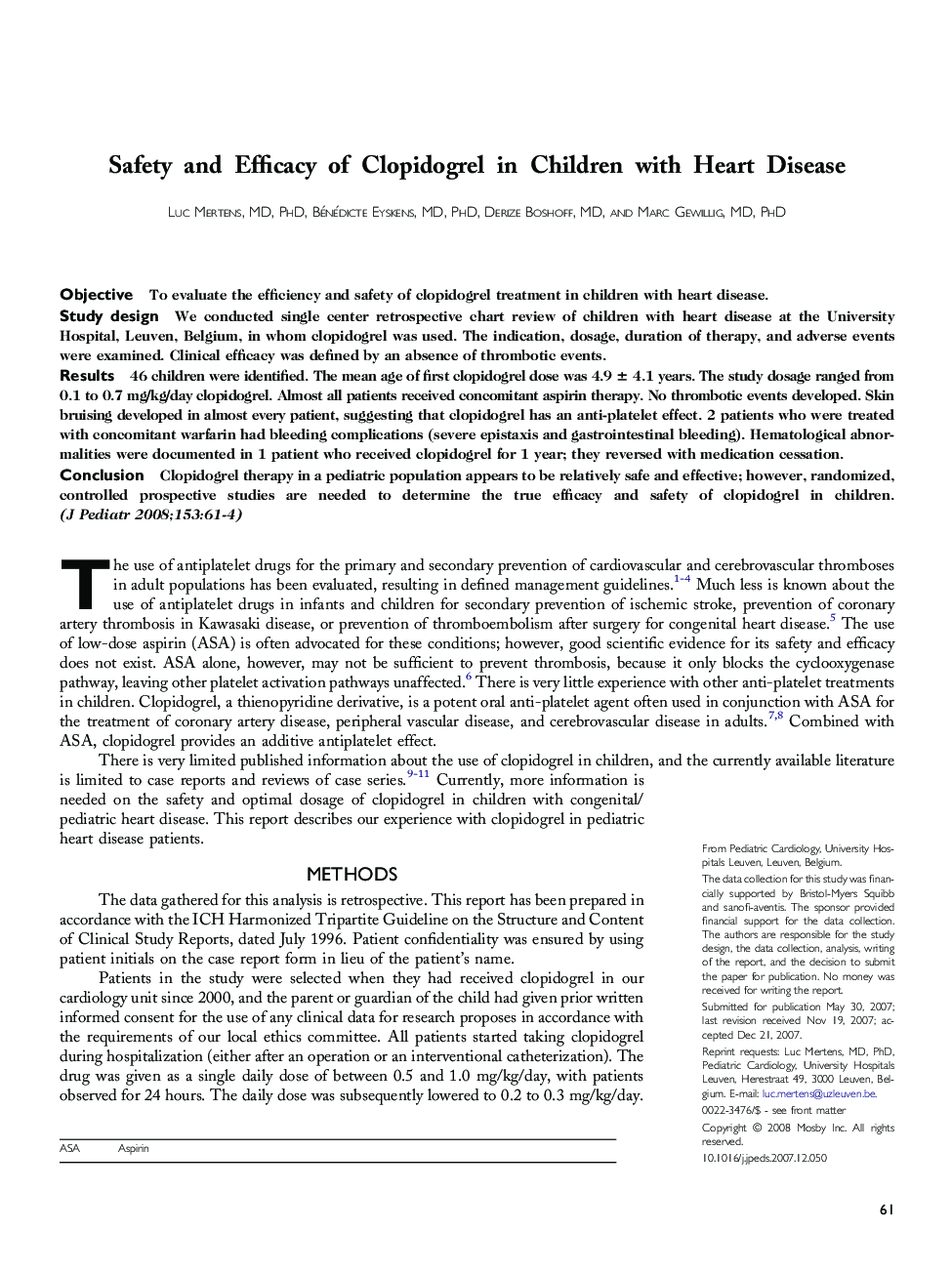 Safety and Efficacy of Clopidogrel in Children with Heart Disease 