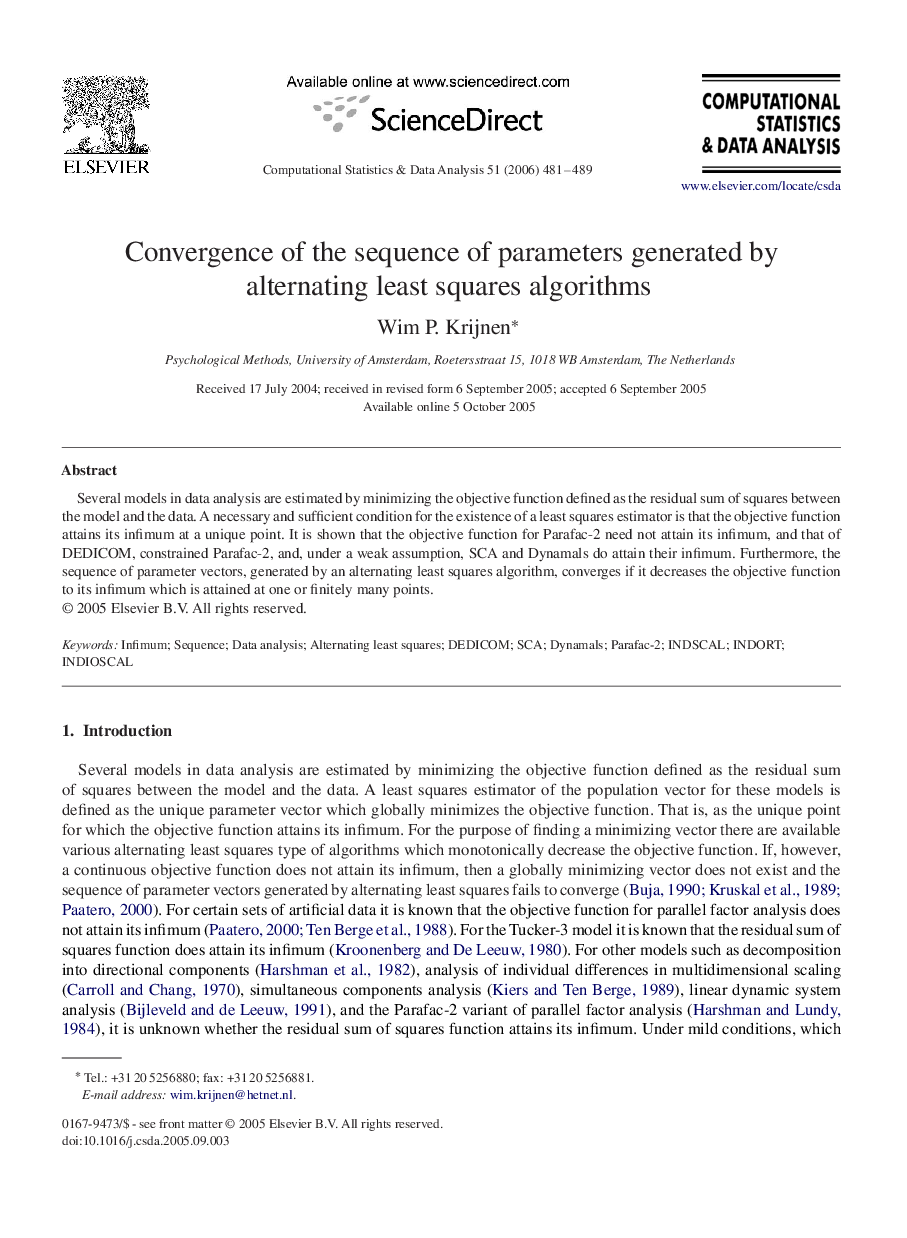 Convergence of the sequence of parameters generated by alternating least squares algorithms