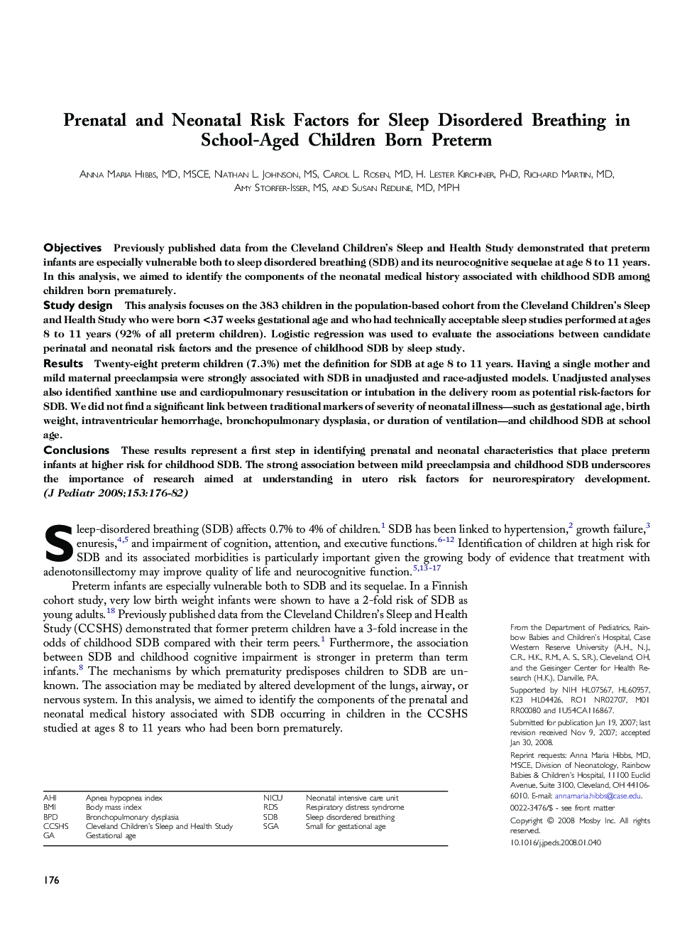 Prenatal and Neonatal Risk Factors for Sleep Disordered Breathing in School-Aged Children Born Preterm 