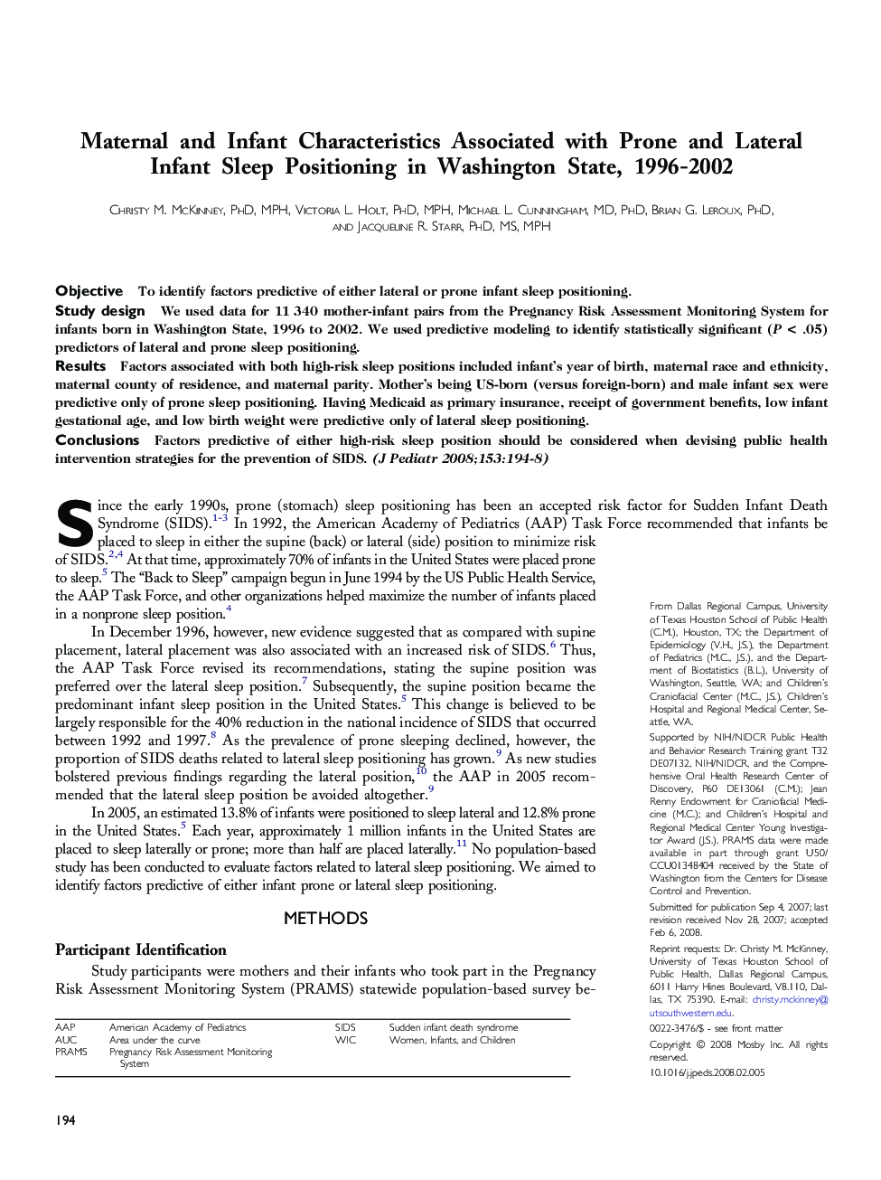 Maternal and Infant Characteristics Associated with Prone and Lateral Infant Sleep Positioning in Washington State, 1996-2002