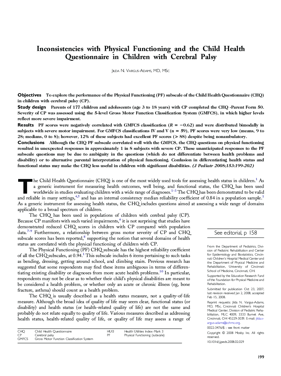 Inconsistencies with Physical Functioning and the Child Health Questionnaire in Children with Cerebral Palsy