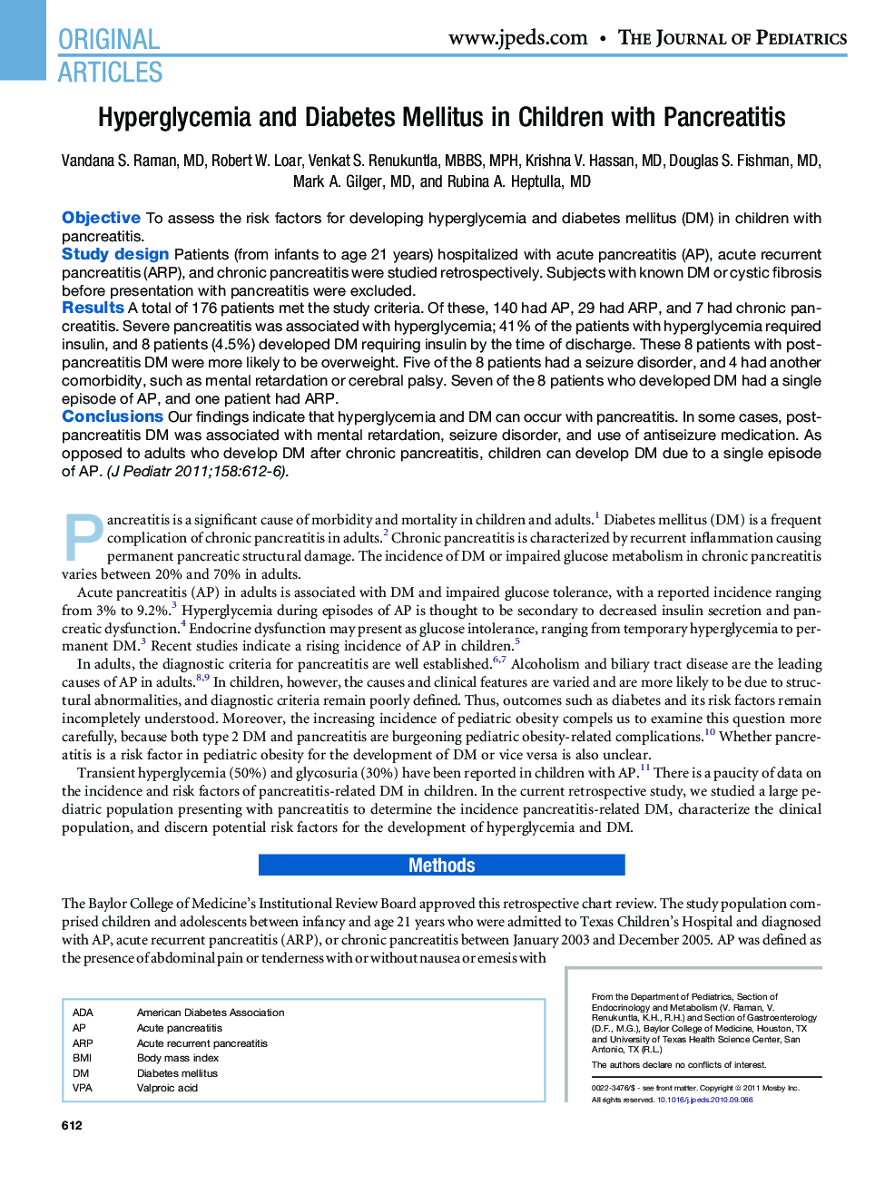 Hyperglycemia and Diabetes Mellitus in Children with Pancreatitis