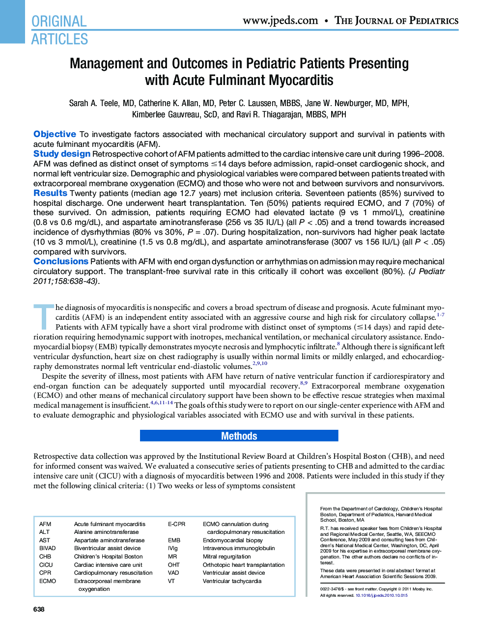 Management and Outcomes in Pediatric Patients Presenting with Acute Fulminant Myocarditis