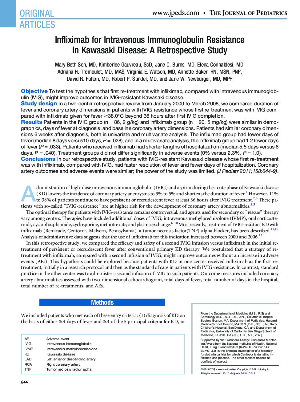 Infliximab for Intravenous Immunoglobulin Resistance in Kawasaki Disease: A Retrospective Study