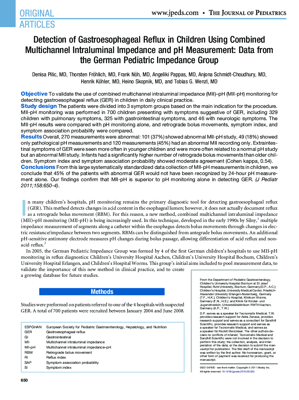 Detection of Gastroesophageal Reflux in Children Using Combined Multichannel Intraluminal Impedance and pH Measurement: Data from the German Pediatric Impedance Group