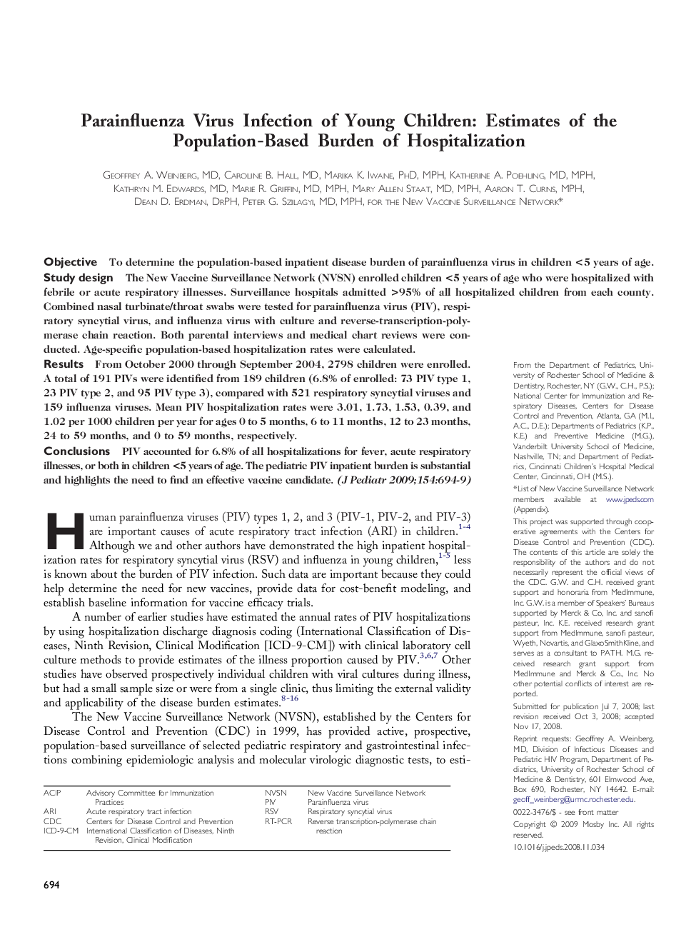 Parainfluenza Virus Infection of Young Children: Estimates of the Population-Based Burden of Hospitalization