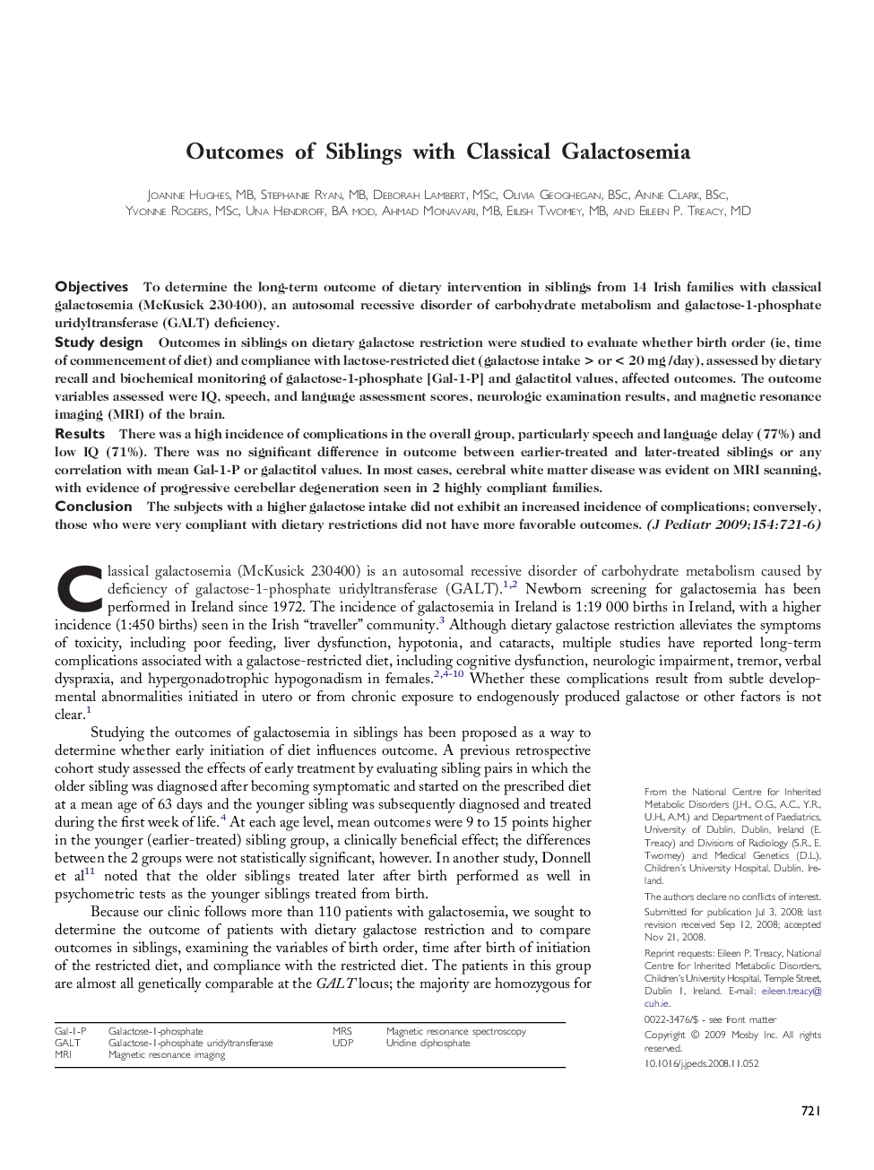 Outcomes of Siblings with Classical Galactosemia 