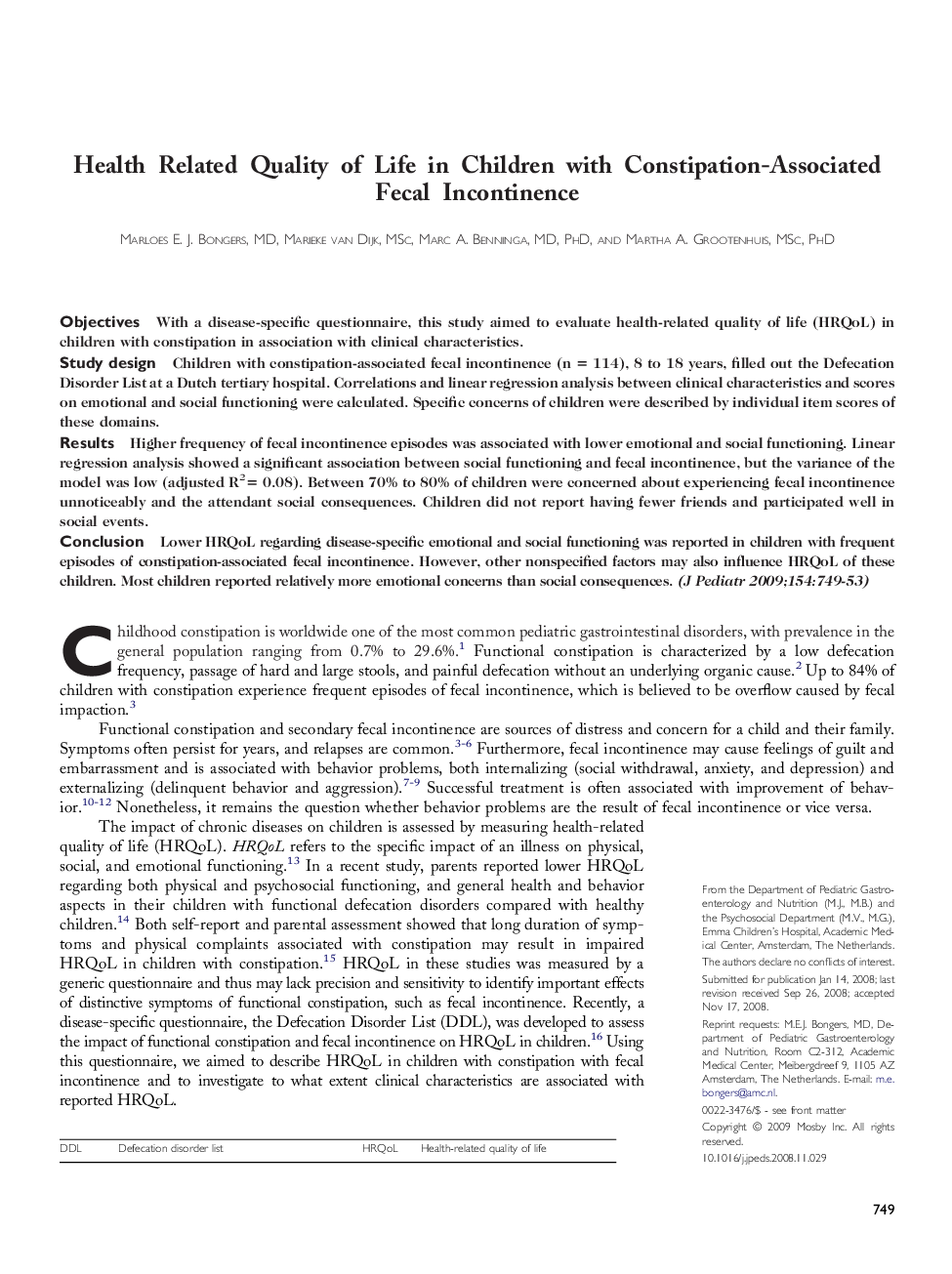 Health Related Quality of Life in Children with Constipation-Associated Fecal Incontinence