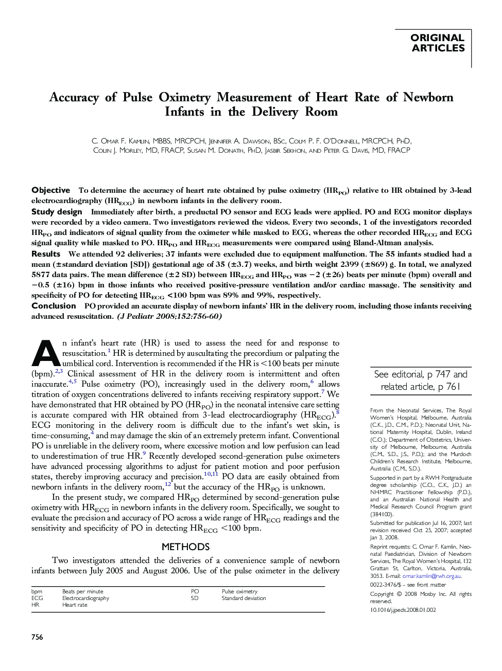 Accuracy of Pulse Oximetry Measurement of Heart Rate of Newborn Infants in the Delivery Room 