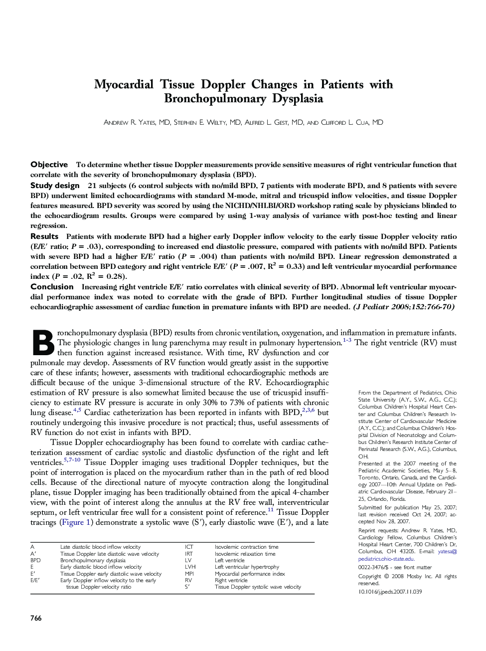 Myocardial Tissue Doppler Changes in Patients with Bronchopulmonary Dysplasia