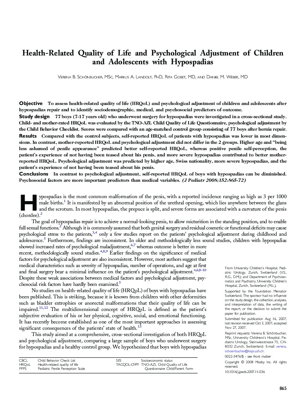 Health-Related Quality of Life and Psychological Adjustment of Children and Adolescents with Hypospadias 