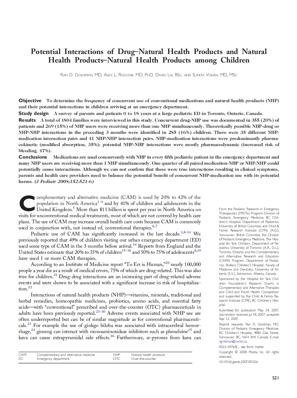 Potential Interactions of Drug-Natural Health Products and Natural Health Products-Natural Health Products among Children