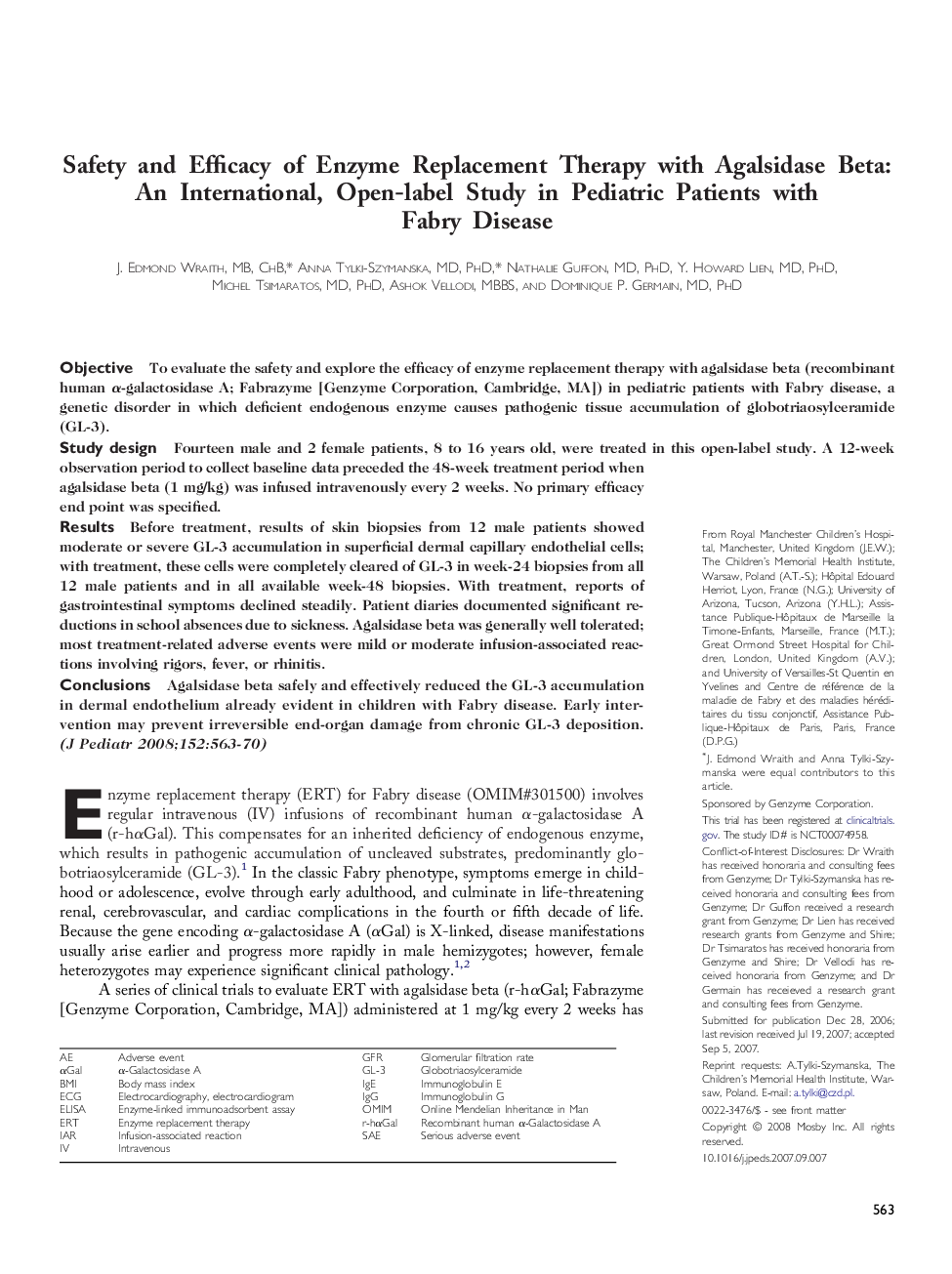 Safety and Efficacy of Enzyme Replacement Therapy with Agalsidase Beta: An International, Open-label Study in Pediatric Patients with Fabry Disease