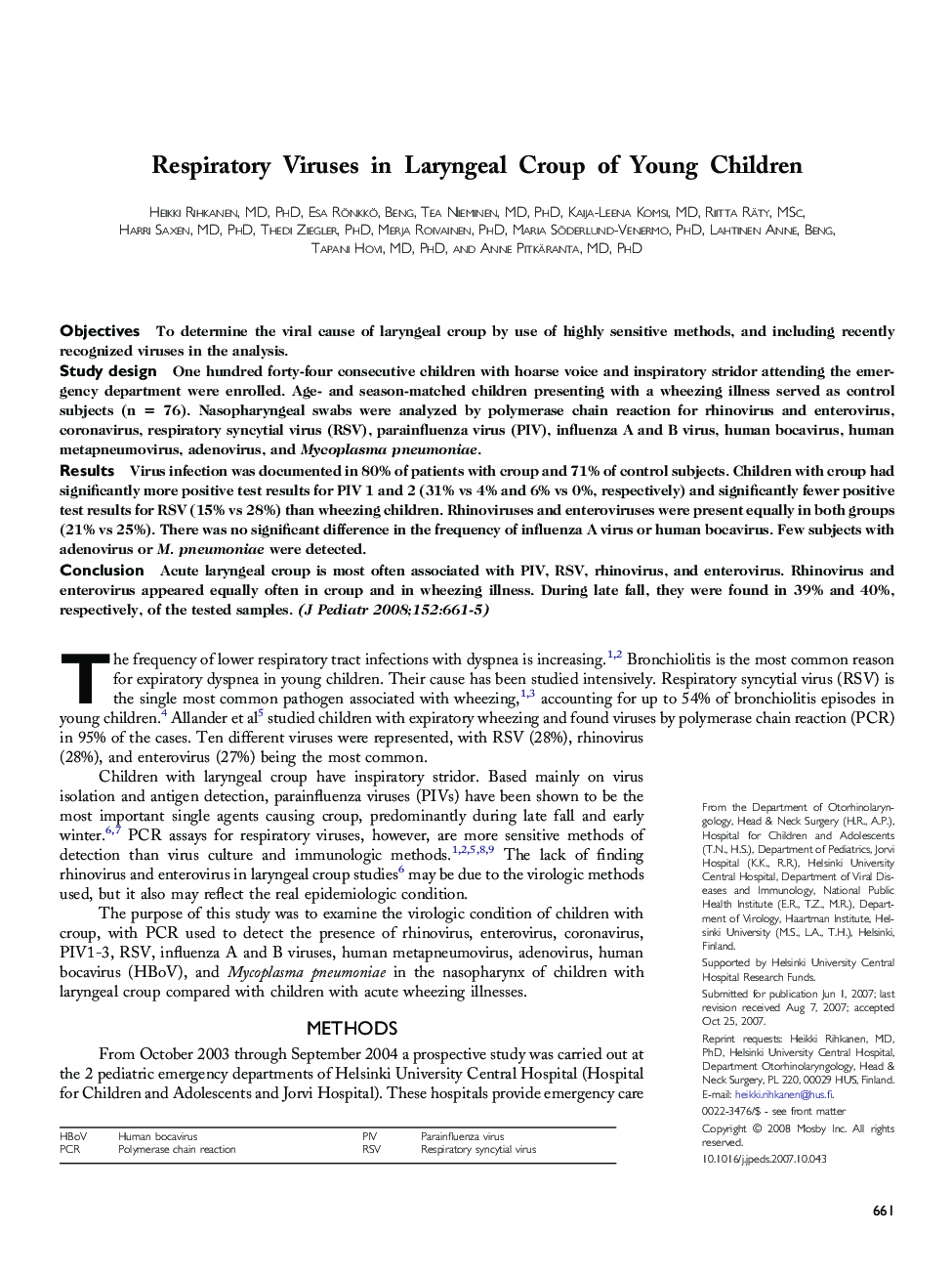 Respiratory Viruses in Laryngeal Croup of Young Children 