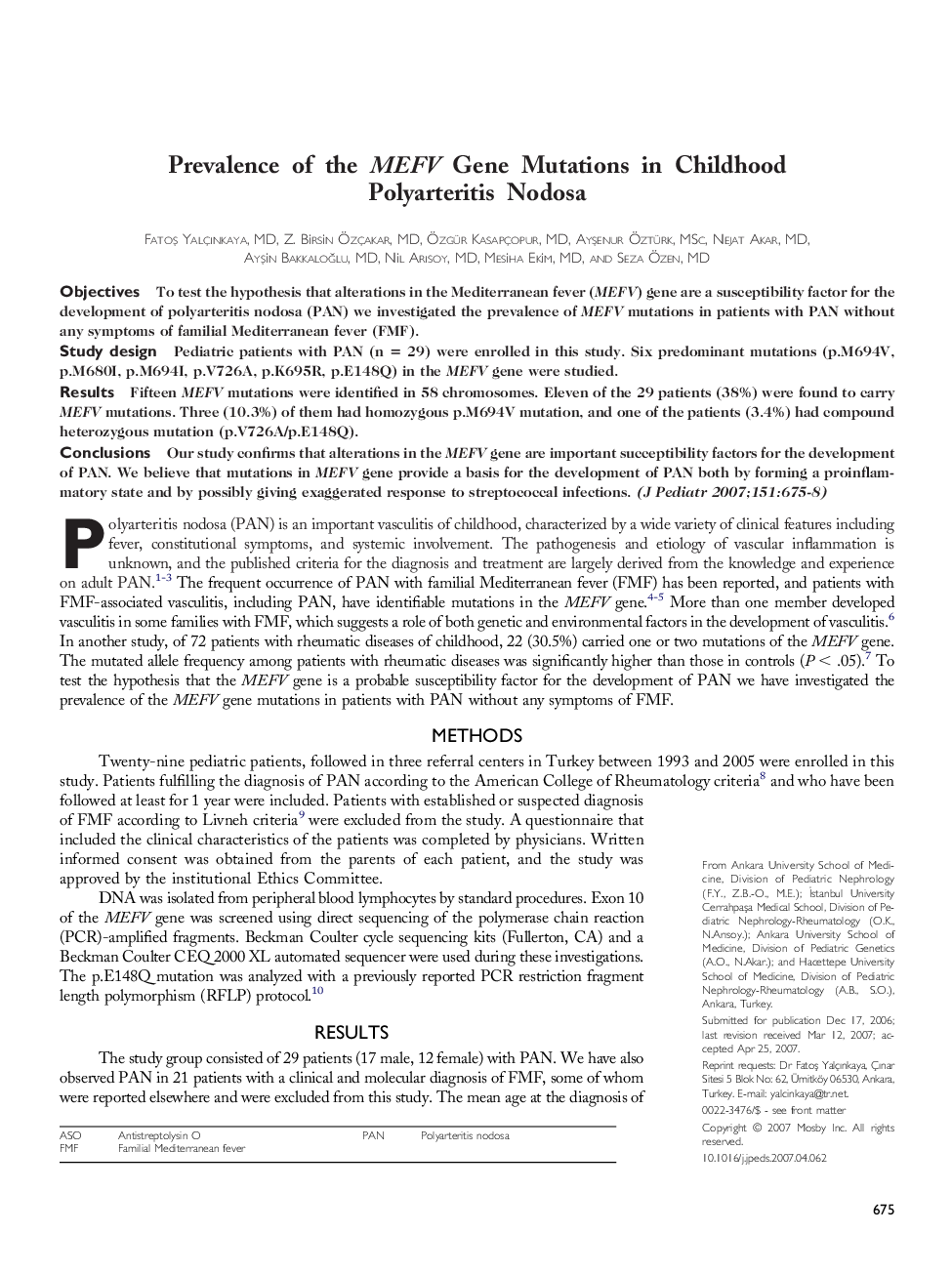 Prevalence of the MEFV Gene Mutations in Childhood Polyarteritis Nodosa