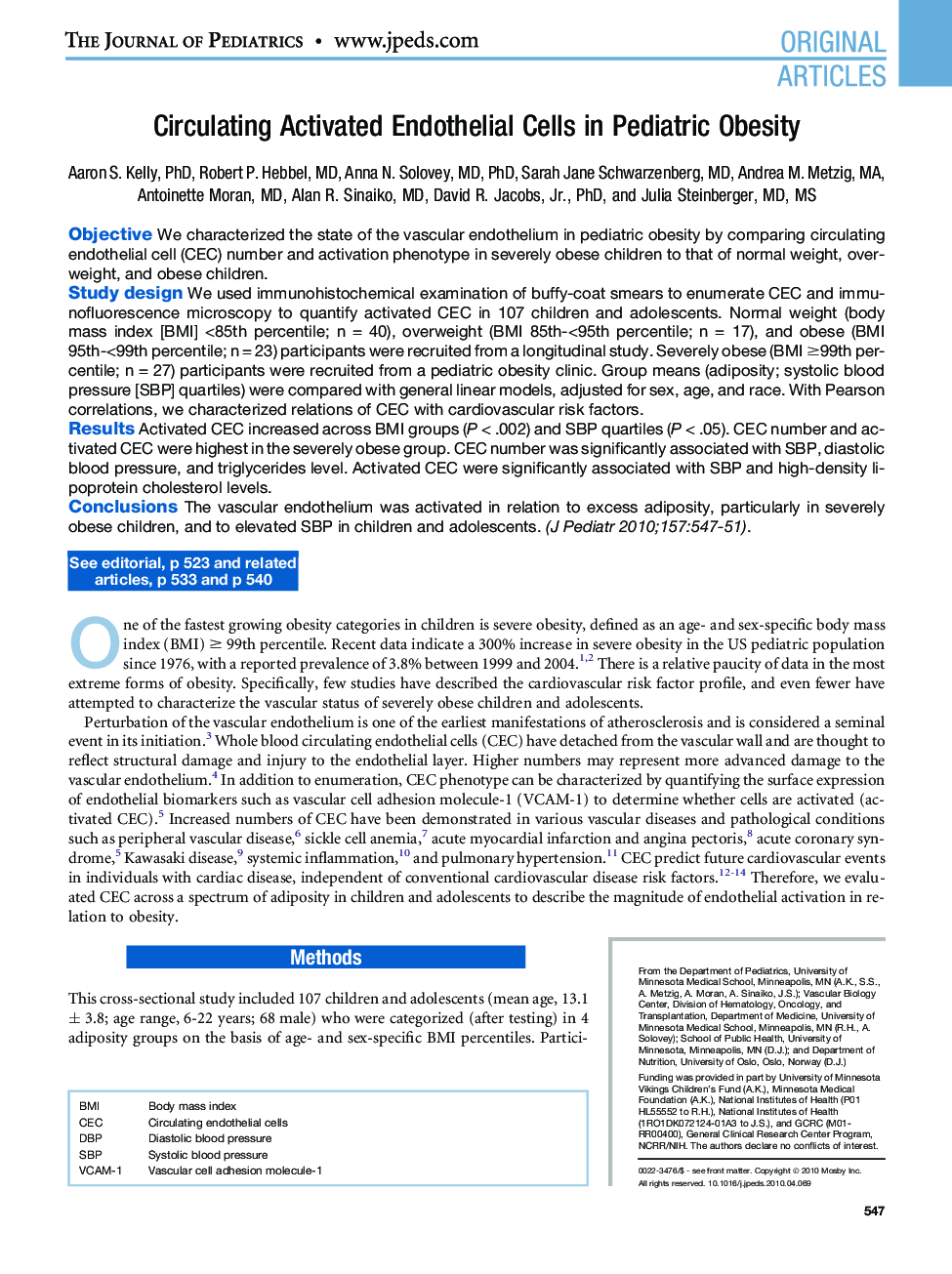 Circulating Activated Endothelial Cells in Pediatric Obesity 