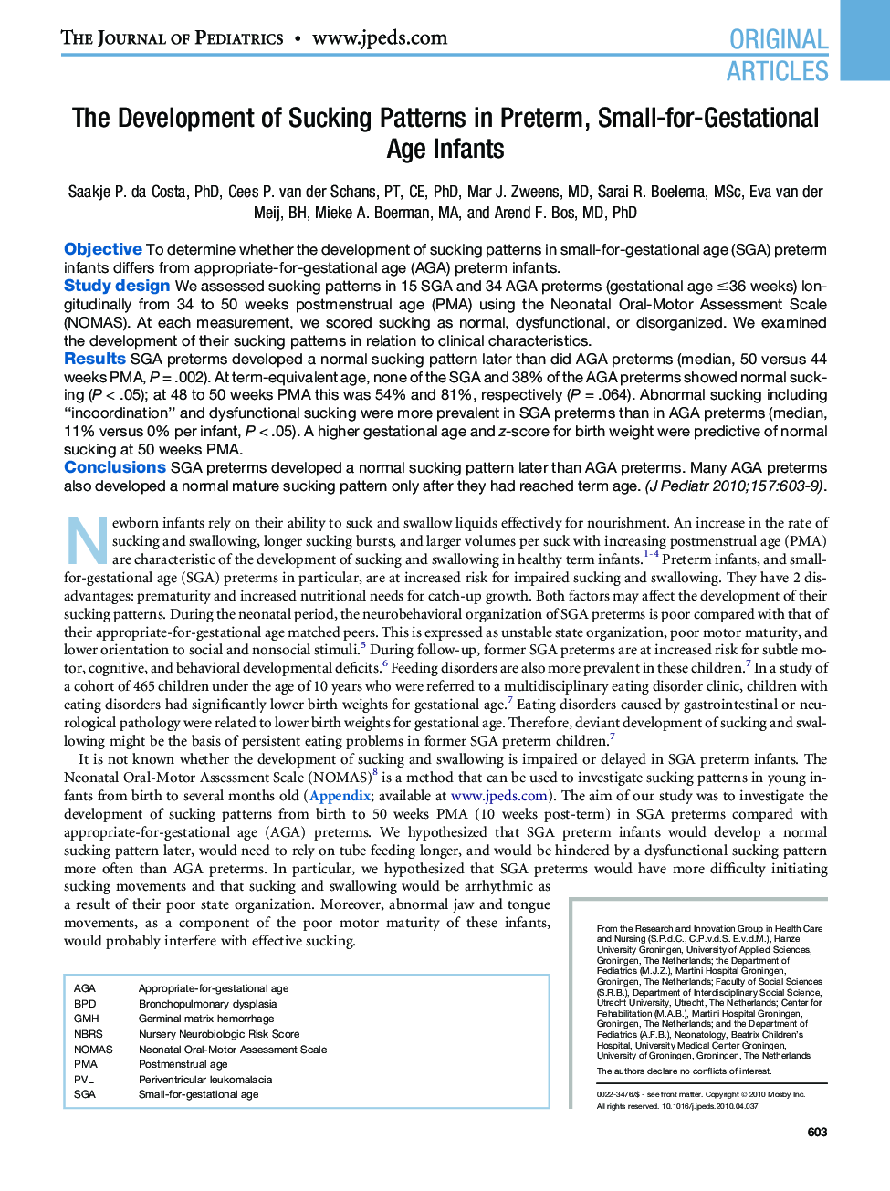 The Development of Sucking Patterns in Preterm, Small-for-Gestational Age Infants