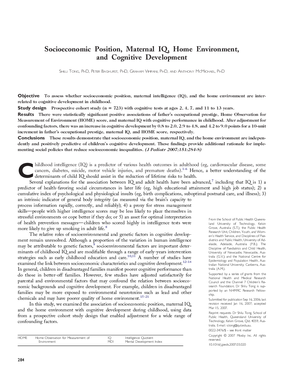 Socioeconomic Position, Maternal IQ, Home Environment, and Cognitive Development