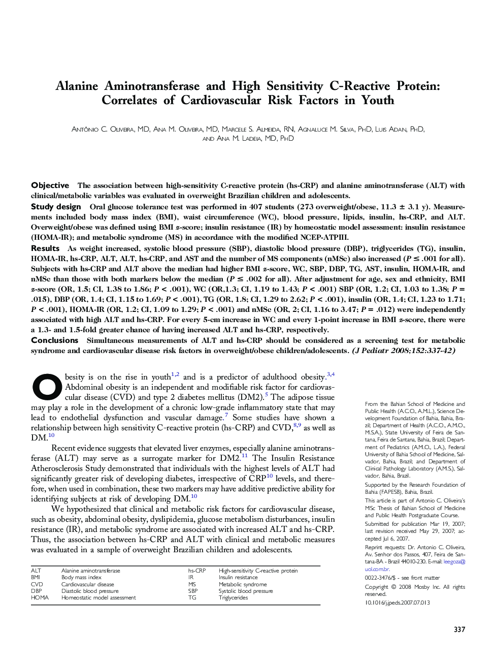 Alanine Aminotransferase and High Sensitivity C-Reactive Protein: Correlates of Cardiovascular Risk Factors in Youth 