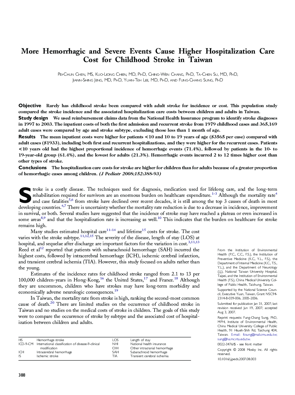 More Hemorrhagic and Severe Events Cause Higher Hospitalization Care Cost for Childhood Stroke in Taiwan