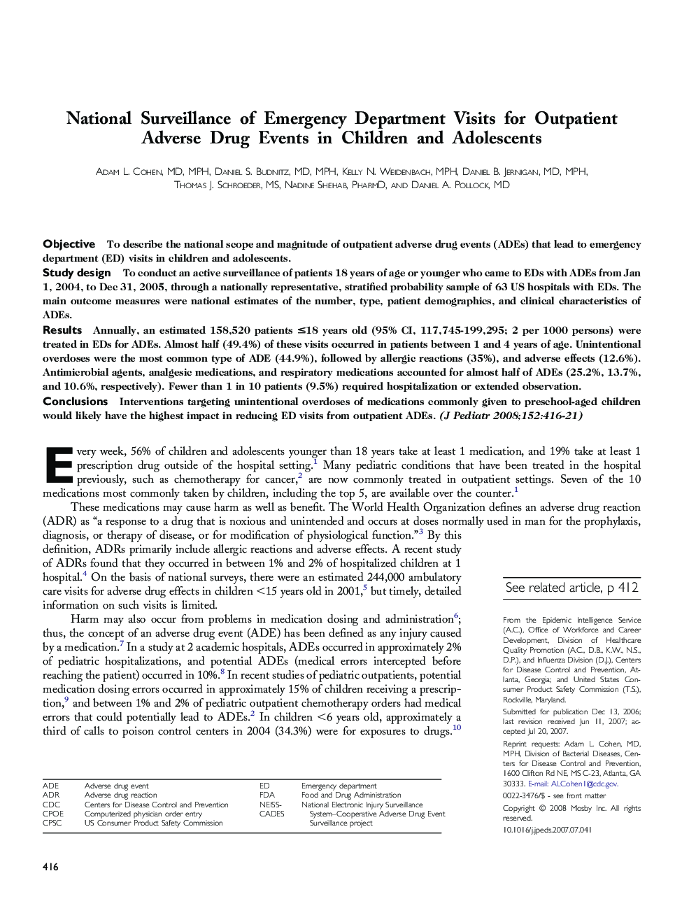National Surveillance of Emergency Department Visits for Outpatient Adverse Drug Events in Children and Adolescents