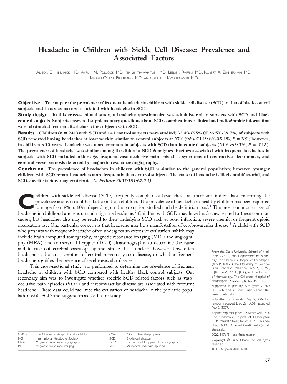 Headache in Children with Sickle Cell Disease: Prevalence and Associated Factors