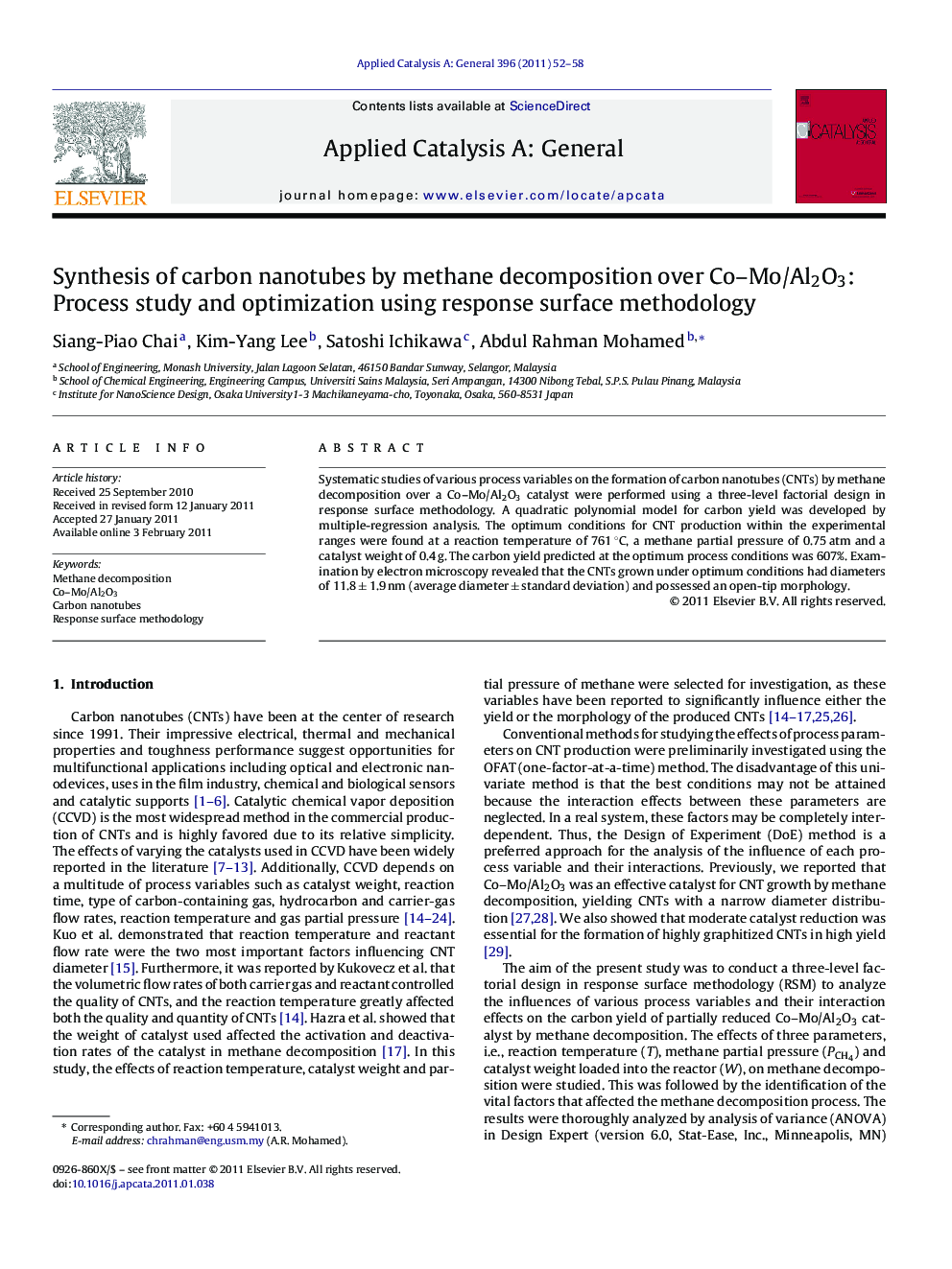 Synthesis of carbon nanotubes by methane decomposition over Co–Mo/Al2O3: Process study and optimization using response surface methodology