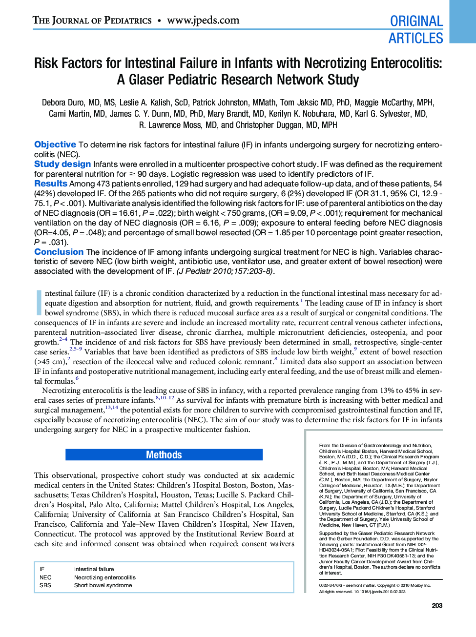 Risk Factors for Intestinal Failure in Infants with Necrotizing Enterocolitis: A Glaser Pediatric Research Network Study