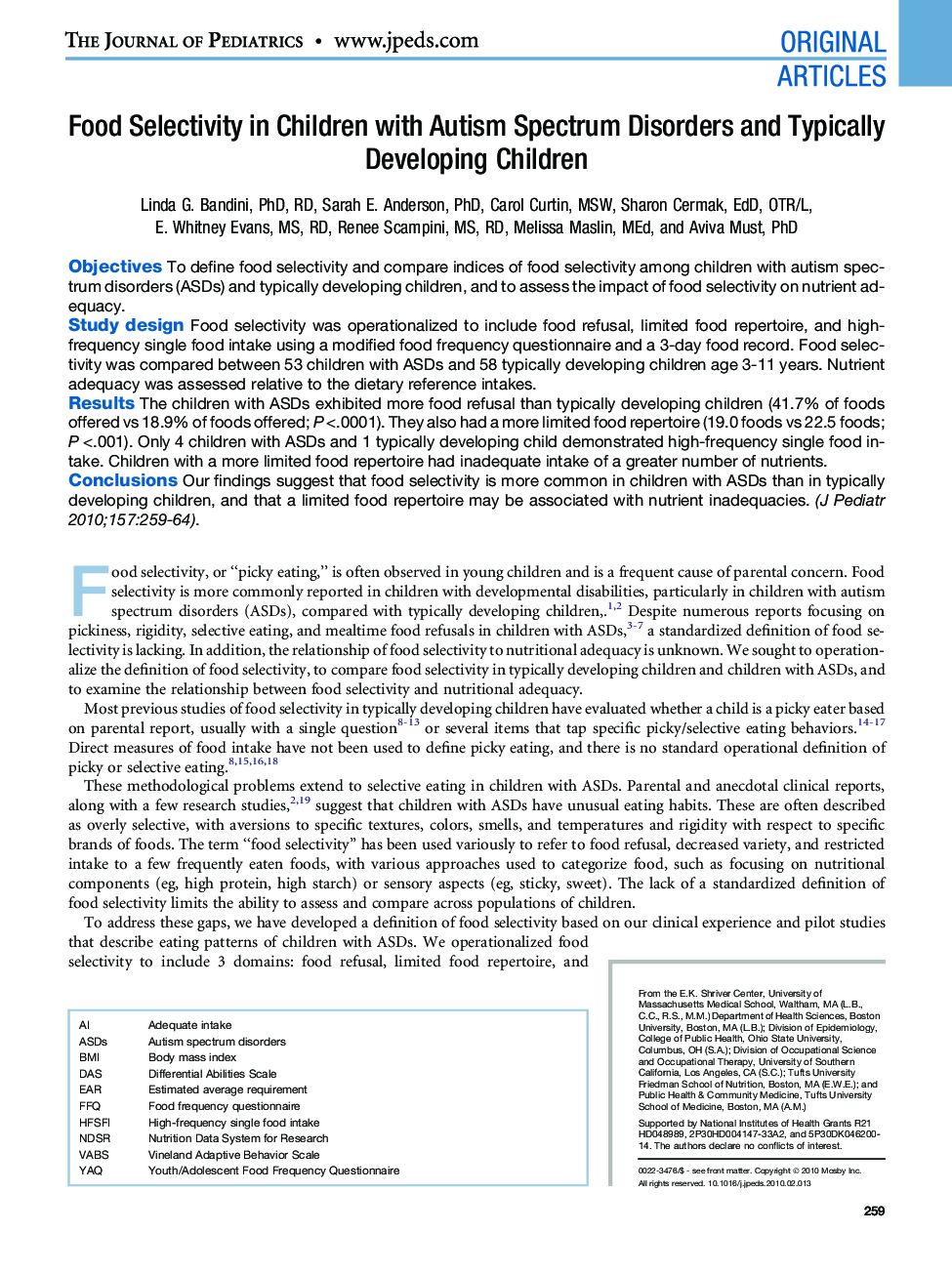 Food Selectivity in Children with Autism Spectrum Disorders and Typically Developing Children 