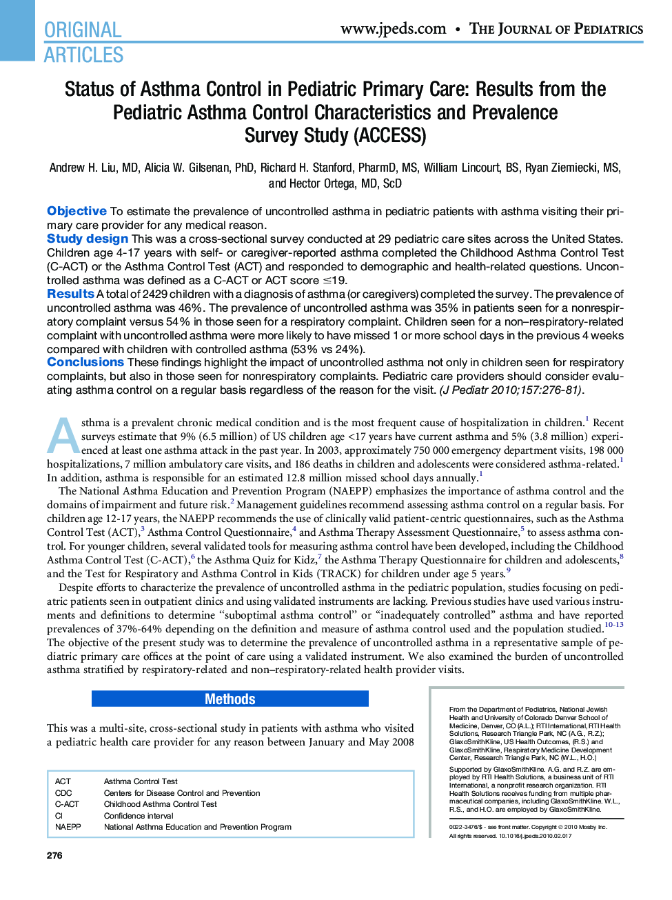 Status of Asthma Control in Pediatric Primary Care: Results from the Pediatric Asthma Control Characteristics and Prevalence Survey Study (ACCESS)