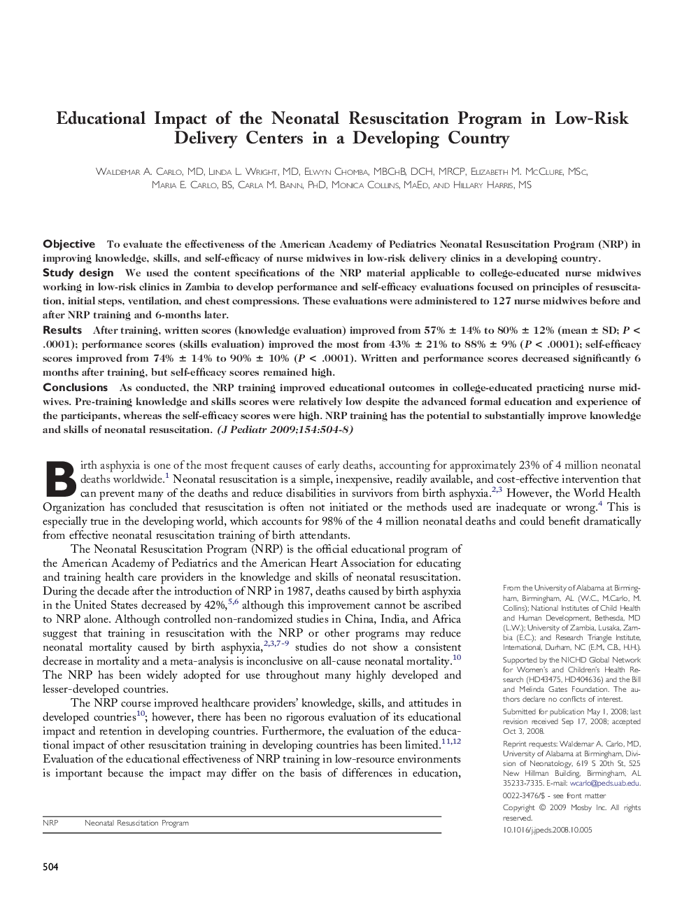 Educational Impact of the Neonatal Resuscitation Program in Low-Risk Delivery Centers in a Developing Country