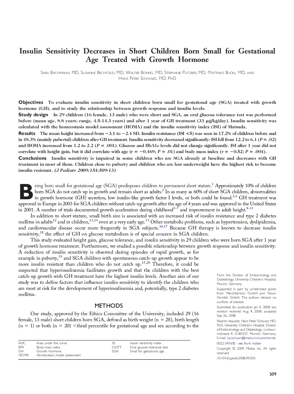 Insulin Sensitivity Decreases in Short Children Born Small for Gestational Age Treated with Growth Hormone 