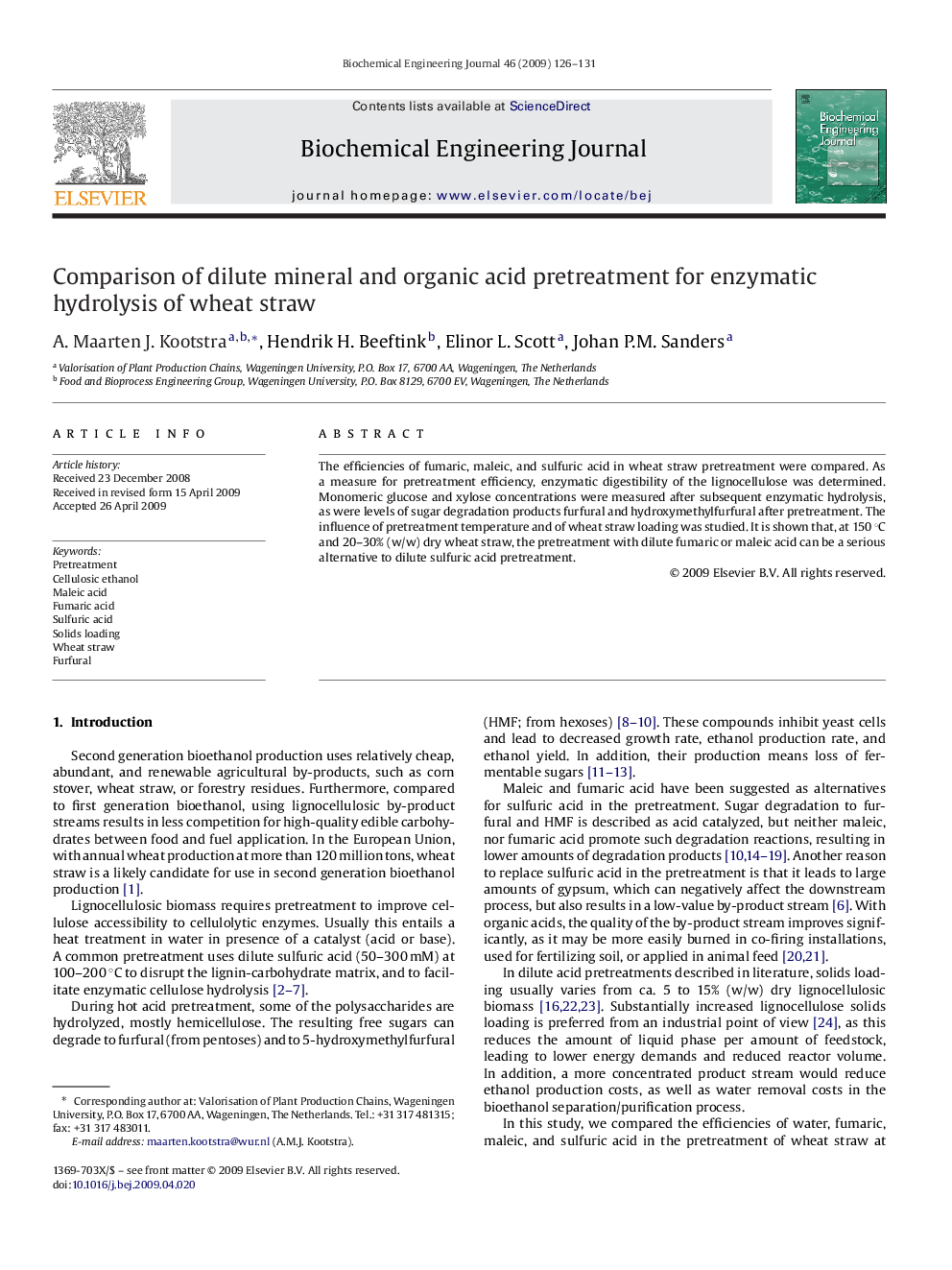 Comparison of dilute mineral and organic acid pretreatment for enzymatic hydrolysis of wheat straw